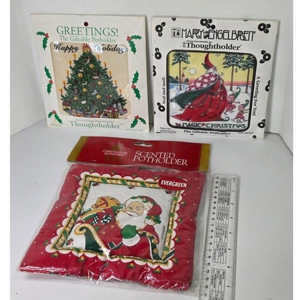 VTG Mary Engelbreit Christmas Thoughtholder Potholder Lot Santa 3pc NOS 2001